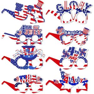 8Pcs 4th of July Photo Booth Props, Patriotic Paper Glasses for Independence Day Memorial Day Party Decor, USA Themed Photo Props for Patriotic Celebrations
