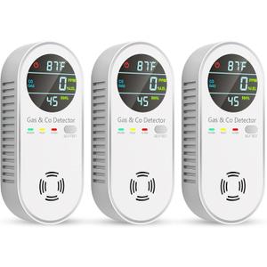 Carbon Monoxide Detectors & Natural Gas Detector, 4-in-1 Carbon Monoxide Detectors Plug in, Gas Leak Detector with Dual Alarms, Temperature & Humidity Sensor for Home, RV Essentials, White, 3 Packs