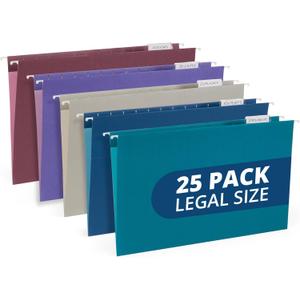 25 Blue Summit Supplies Colored Hanging File Folders Legal Size, 9.5" x 14.75", Legal Size Hanging File Folders for Filing Cabinet with Plastic Tabs and Inserts, Assorted Jewel Tone Colors, 11pt Paper
