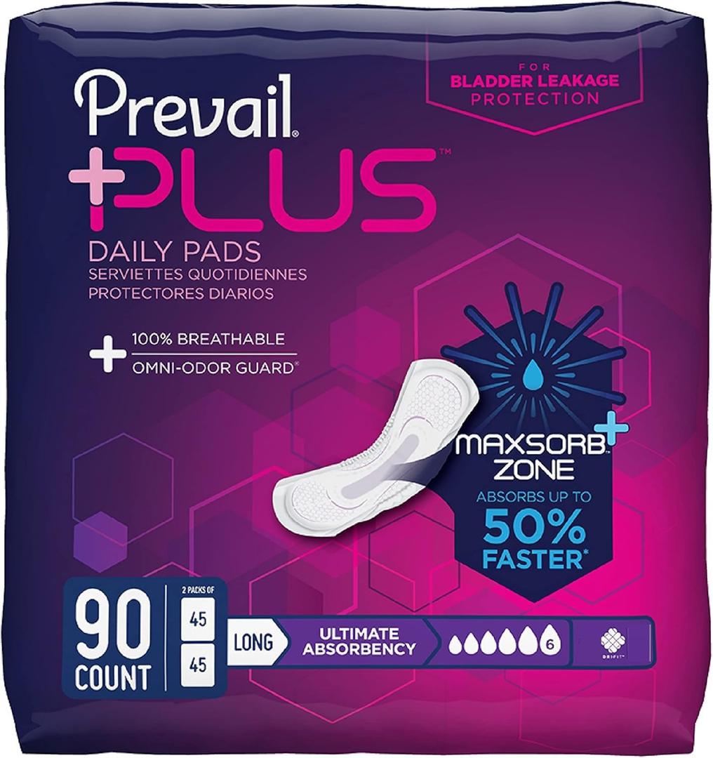 Prevail Plus | Long Length Incontinence Bladder Control Pads | Ultimate Absorbency | 90 Count (2 packs or 45) (Ultimate 16 Inch)