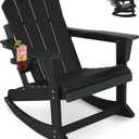 Outdoor Rocking Chair, HDPE Poly All-Weather Patio Rocking Chairs with Cup Holder for Adults, Porch Rocker for Deck Patio Balcony, 440lbs, Black