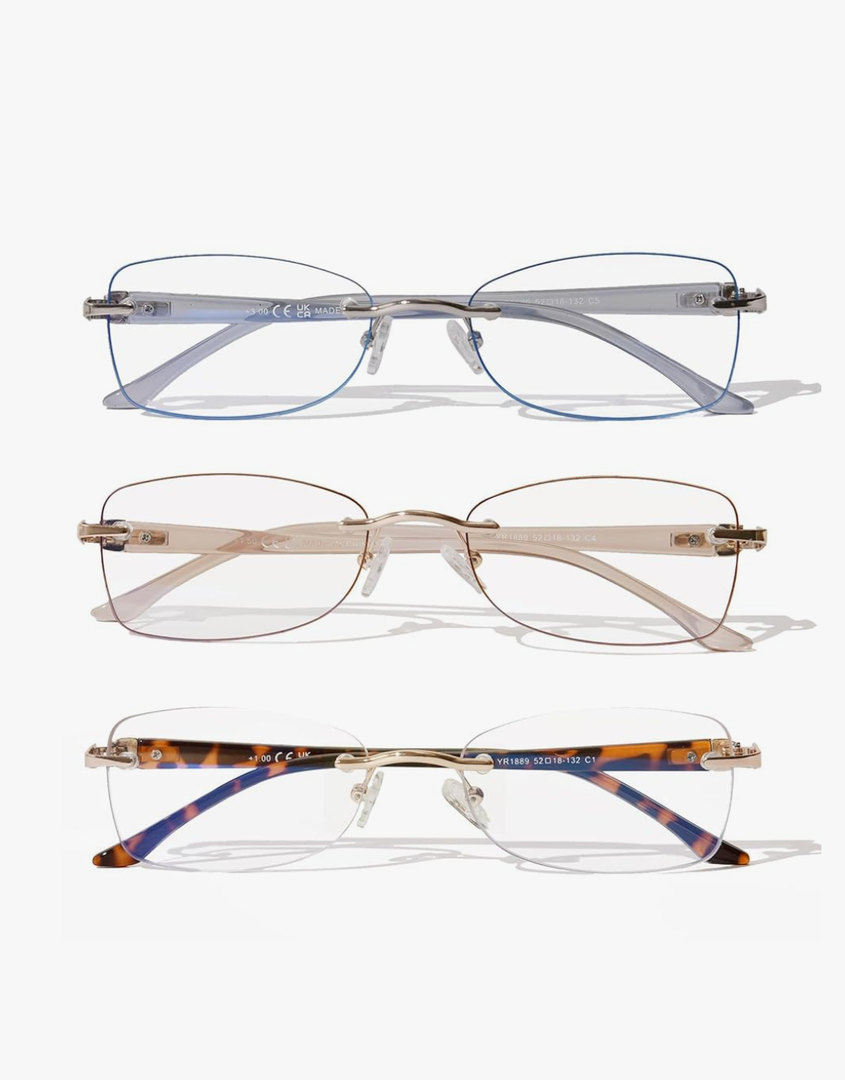 Rimless Reading Glasses for Women, Rectangle Blue Light Blocking Readers With Tinted Edge