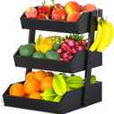 Bamboo Fruit Basket for Kitchen  3 Tier Fruit Bowl For Kitchen Counter, Large Fruit Holder With 2 Banana Hangers, Idea For Fruit and Vegetable Storage, Bread Basket, Snack Organizer(BLACK)