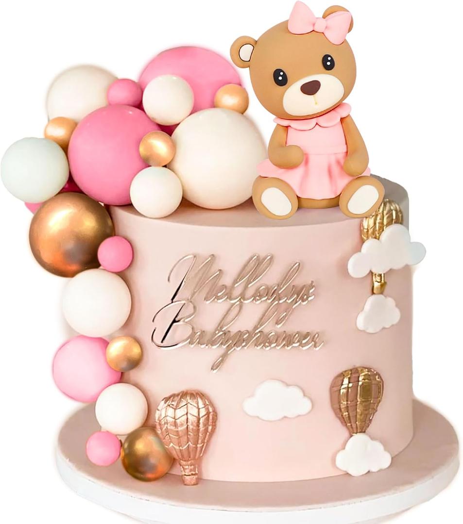 LaVenty Pink Teddy Bear Cake Decoration baby shower Boy Cake Decoration Girl 1 Year Pink Cake Topper Teddy Bear Party Supplies