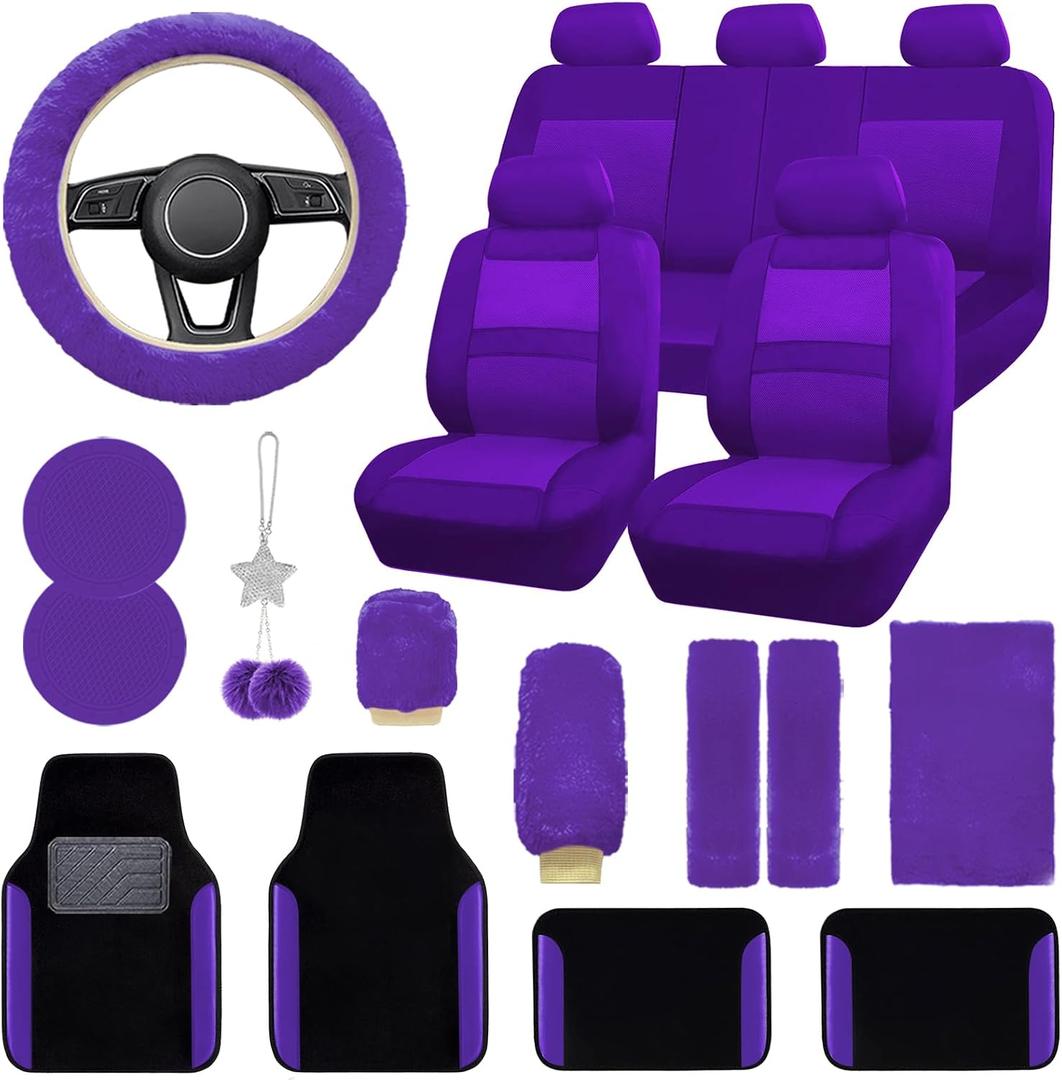 JINGSENCar Seat Cover Full Set for Women with Waterproof Floor Mats,3D Air Mesh Car Seat Cover with 5mm Composite Sponge Inside,Universal Fluffy Steering Wheel Cover,Accessories Full(Purple)