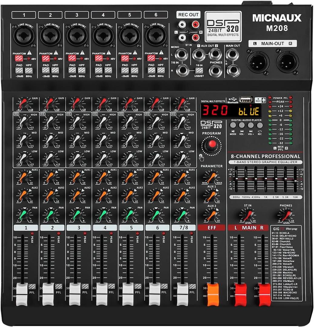 Audio Mixer 8 Channel Professional Sound Console Music Mixer with 320 DSP Effects, 7-band EQ DJ Mixing Board w/USB, Bluetooth, 48V Power Supply, PAD Button for Recording Karaoke PA Drum Live