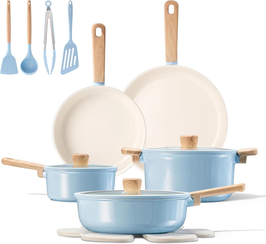 CAROTE 16pcs Ceramic Cookware Set, Pots and Pans Non Stick Kitchen Cookware Sets, Pots and Pans Set Cooking Set with Knife Set (Blue)