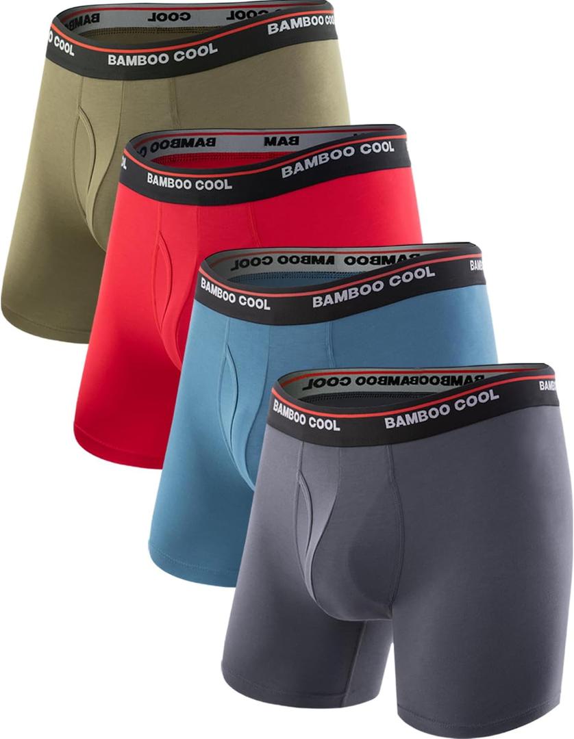 BAMBOO COOL Men's Underwear Boxer Briefs Fly with Built-in 3D Pouch Comfortable Cool Underwear for Men 4 Pack (Large, D-army Green/Red/Dark Blue/Rock Gray(4 Pack))