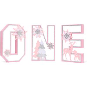 Wooden Snowflakes ONE Decoration - Winter Onederland ONE Sign，Pink Centerpiece Table Decoration, Baby Girl 1st Birthday Party Supplies Photo Prop, Christmas Snowflake Home Decor