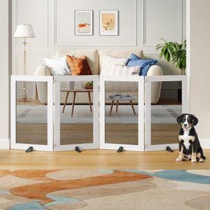 Freestanding Dog Gate Indoor, Foldable Wooden Pet Gate for The House Stairs Doorways, 4 Panels Tall Dog Fence with Support Feet, 79.1"W x 31.5"H, Extra Wide Step Over Fence, White DGHW80201