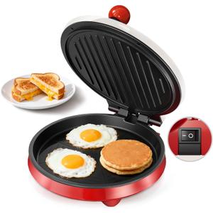 3-in-1 Electric Griddle & Panini Press - CACHOO 8" Nonstick Round Griddle and Sandwich Press with On/Off Switch, 180 Open Design, Perfect for Pancakes, Omelettes, Quesadillas, Veggies (Red/Beige)