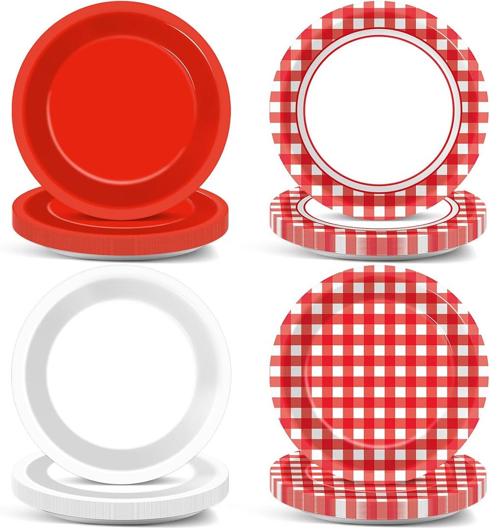 48Pcs Red Plaid Checkered White Party Paper Plates for Red White Gingham Checkered Party Supplies 7" Red and White Gingham Dessert Plates for Picnic Barbecue Birthday Party Decorations