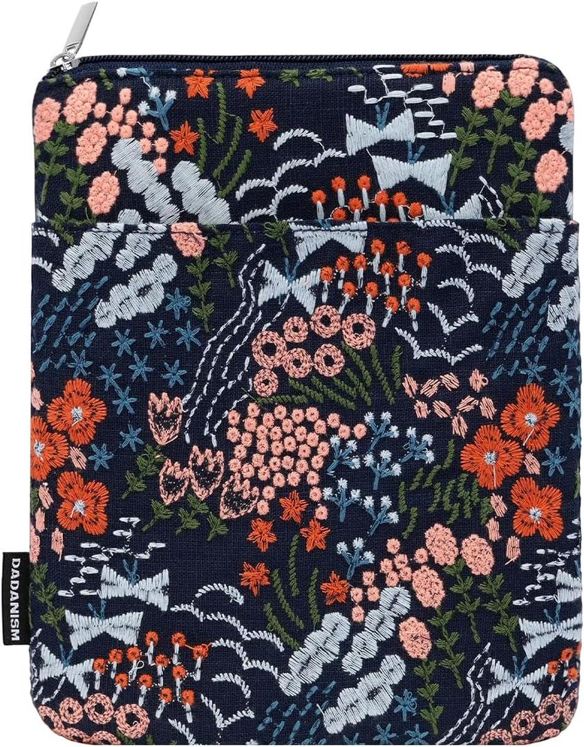 Dadanism 6-7 Inch Embroidered Flower Padded Sleeve for All-New 7" Kindle Paperwhite, 7" Kindle Colorsoft, 6" Kindle, Protective Sleeve Case for 6" Kobo Clara BW/Colour E-Reader, Indigo Flower