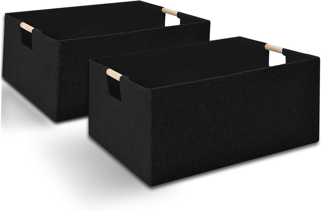 xianshengle Fabric Storage Basket for Shelves, Collapsible Storage Bins with wood Handles, Rectangle Closet Baskets, Wardrobe Organiser, for Sorting Clothes, Family Items (Black) (2)