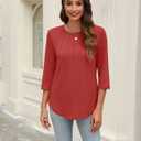 Womens Tops 3/4 Length Sleeve Round Neck Casual Loose Fit Tunic Tops Basic Pleated Shirts 2025 (Red)