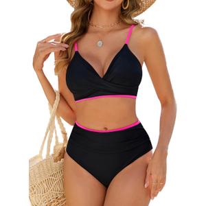 Edelqual Women's High Waisted Bikini Sets Two Piece Swimsuit Tummy Control Bathing Suit V Neck Swimwear 2025 Swim Suit Large, Black and Pink 