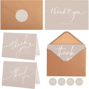 100 Bulk Khaki Thank You Cards with Kraft Envelopes and stickers - 4 Minimalistic Designs Blank Thank You Notes with Envelopes beige for business Wedding Bridal Gift Baby Shower Business Graduation