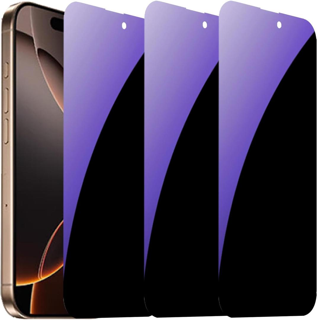 3 PCS Anti-Blue Privacy Tempered Glass for iPhone 16 Pro/iPhone 17 Anti-Spy Screen Protector Anti-Peeping Film 6.3 inch Blue
