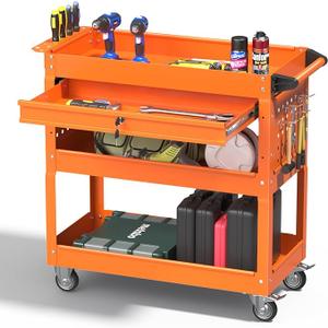 3 Tray Tool Cart with Drawers, 400 LBS Capacity Rolling Tool Carts on Wheels, Heavy Duty Utility Cart with Pegboard, Mechanic Tool Storage Cart for Garage, Warehouse and Repair Shop, Orange