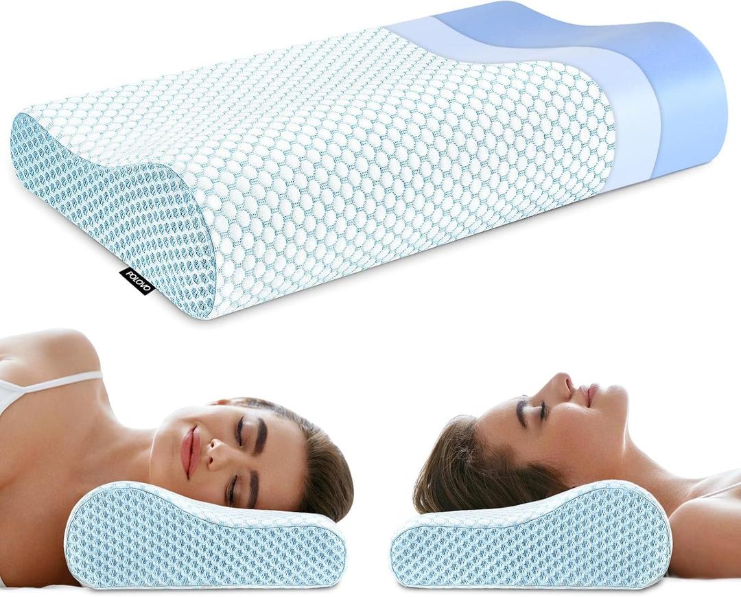 Memory Foam Bed Pillow for Sleeping, Ergonomic Cervical Contour Neck Support Orthopedic Pillow for Side Back Stomach Sleeper, Neck and Shoulder Pain (Blue)