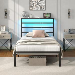 Twin Classic Metal Platform Bed Frame,Twin Bed with LED Lights Headboard and Footboard Heavy Duty Steel Slats Support Metal Bed Frame with Charging Station, Black 