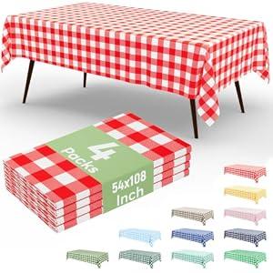 misaya 4 Packs Buffalo Disposable Table Cloth, 54 x 108 Inch Waterproof Plastic Tablecloth, Rectangle Red and White Checkered Table Covers for Picnic, Birthday, Party, Back to School