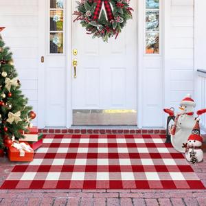 Buffalo Plaid Outdoor Rug Red and White 3x5 Ft Cotton Woven Checkered Doormat Washable Front Porch Layered Carpet for Indoor Outdoor Entryway Farmhouse Patio Decor Area Rug