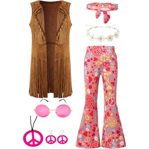 Kids Girls 60s 70s Hippie Costume Pants Set Fringe Vest Peace Flared Pants Outfits Accessories Set (10-12 Years, Pink)