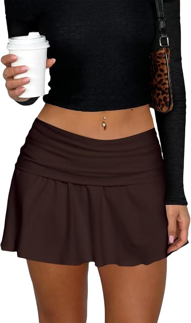 Hafailia Mini Skirt for Women - Casual Y2K Fold Over Low Waist Pleated Skorts Ruffle Skirts with Shorts Underneath Brown L