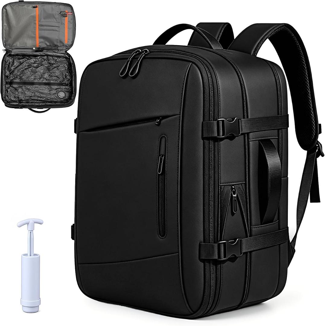 Vacuum Backpack Travel with Pump 60L Expandable Travel Backpack with Seal Compression System Women Men Carry On luggage Backpack Waterproof for Business Trips Weekend Getaways Travel Black