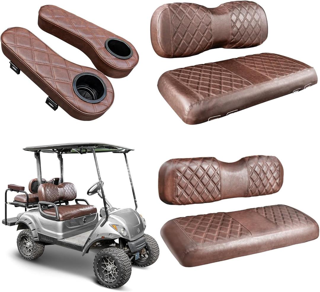 NOKINS Golf Cart Seat Covers for YAMAHA/G29/Drive2, Vinyl Front&Rear Seat Cover with Flip-Up Armrests kit, with Cup Holder, for 1" Square Tube (Brown&Brown 8438)