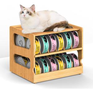 Teamkio Stackable Bamboo Cat Food Organizer, 2-Tier Adjustable FIFO Can Dispenser Space-Saving Storage, Holds Up to 36 Cans - Ideal for Pantry, Cabinet, Countertop