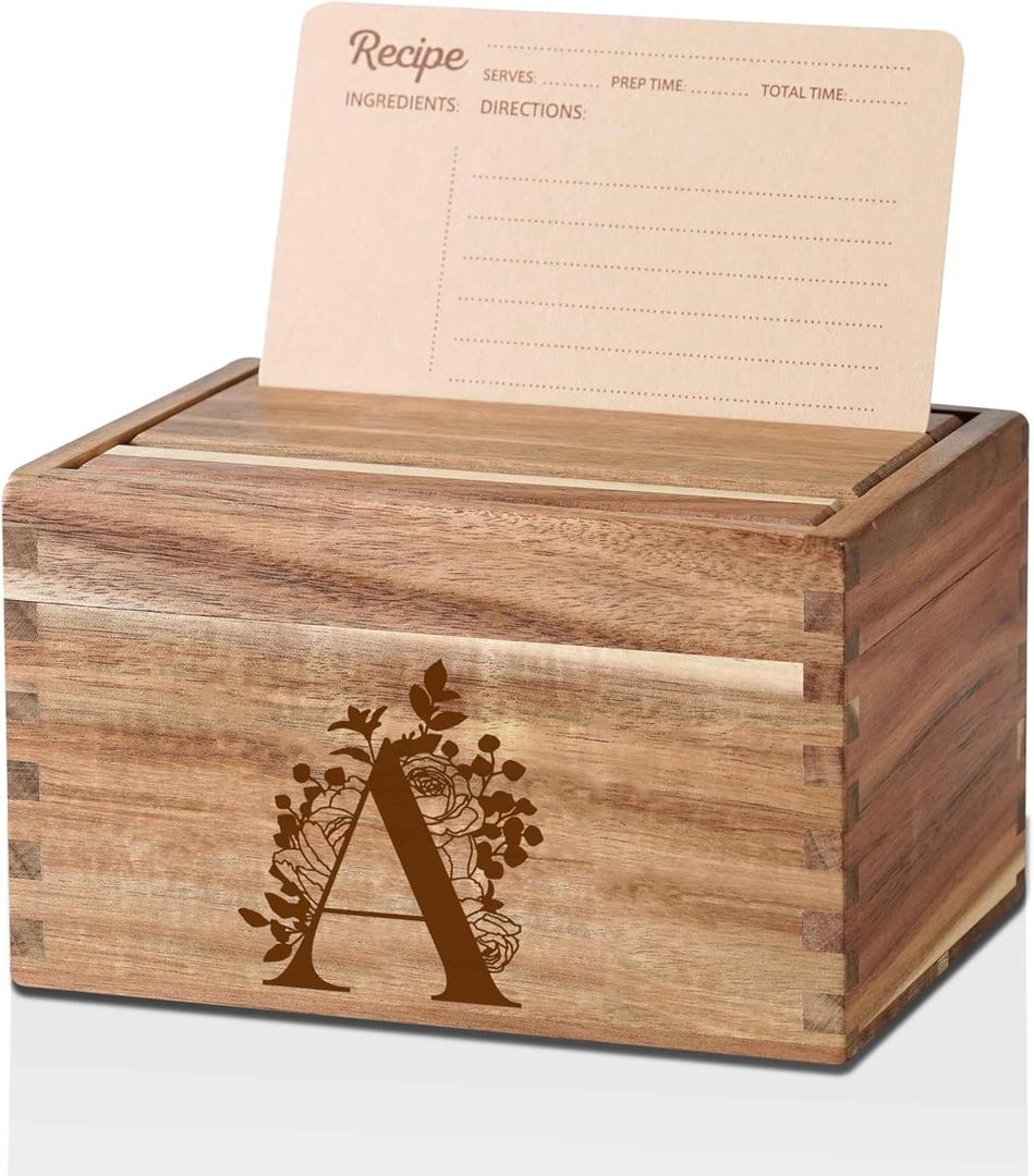 InnoBeta Personalized Gifts Recipe Box, Personalized Initial Recipe Card Holder Box with 50 4 x 6 inch Recipe Cards, 10 Dividers, Initial Recipe Organize - A