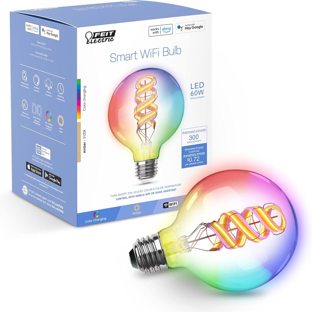 Feit Electric 60 Watt Equivalent Smart Filament Globe Bulb, Spiral Filament WiFi Dimmable, Works with Alexa and Google Assistant No Hub Required, G30 Vanity LED Smart Light Bulb G3060/RGBW/FIL/AG (1 Count (Pack of 1))