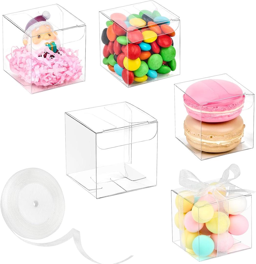 Mauproy 2x2x2 Inches Clear Favor Boxes, 100 Pack Small Plastic Gift Boxes with Ribbons for Macaroons Treats Candies Wedding Baby Shower Birthday Mother's Day Party Favors