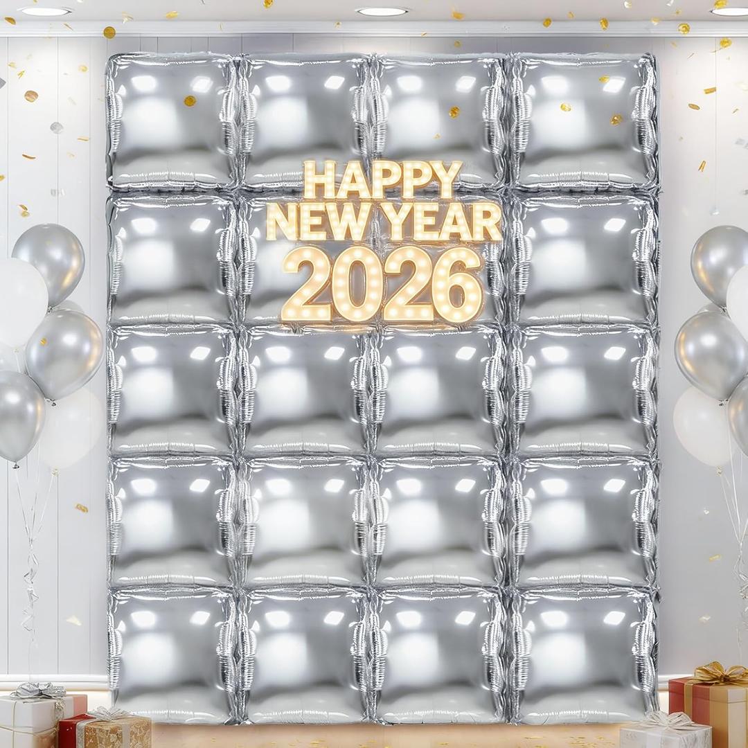 2 x Metallic Silver Square Foil Balloons Wall Backdrop Chrome Silver Balloon Tunnel Garland Arch Kit for New Year Birthday Anniversary Bachelorette Engagement Bridal Shower Disco Party Decorations (20 PCS)