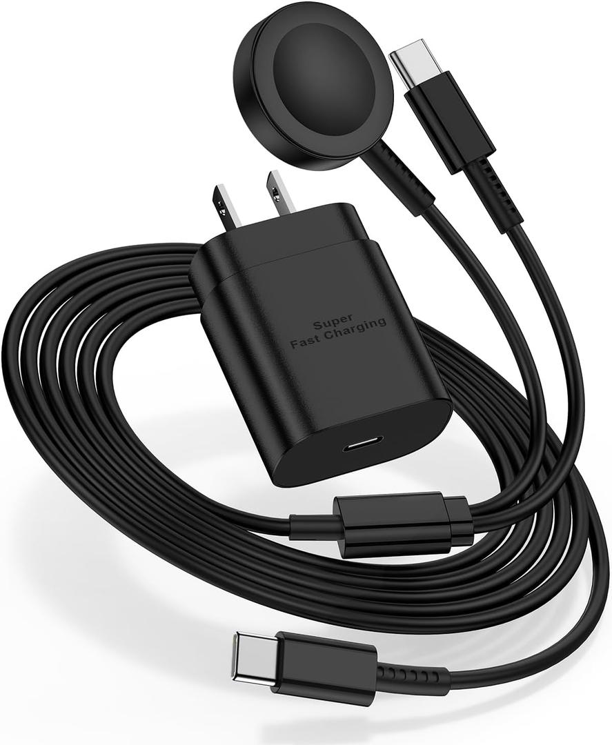 for Samsung Watch Charger Fast Charging,2 in 1 Galaxy Watch Phone Charger 6ft with 25W USBC Charger Compatible with Galaxy Watch 8/7/Ultra/6/6 Classic/5/5Pro/4/4 Classic/3/Active2/1/S24/S23/S22/21 (Black)