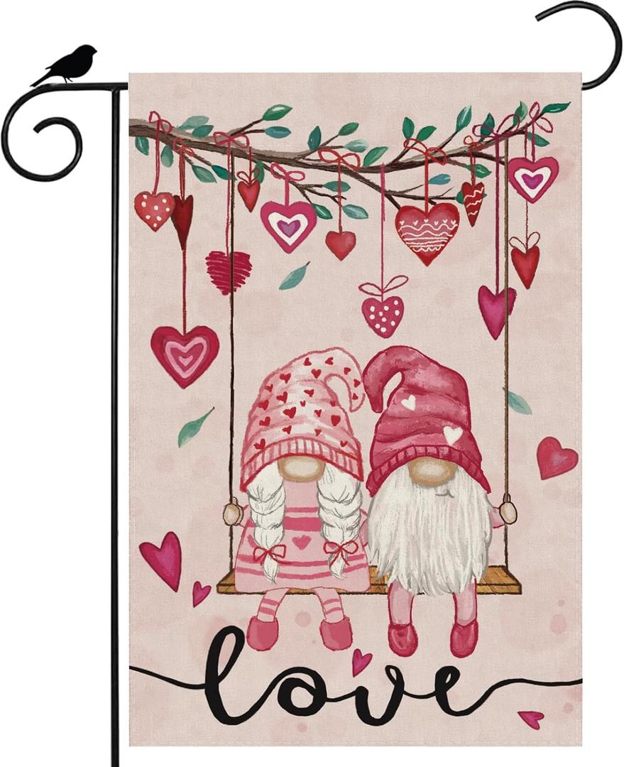 Valentines Day Romantic Swing Gnome Love Hearts Garden Flag Yard Flag 12x18 Inch Double Sided Small Mini Yard Outdoor Outside Holiday Decoration (12x18 Inch)