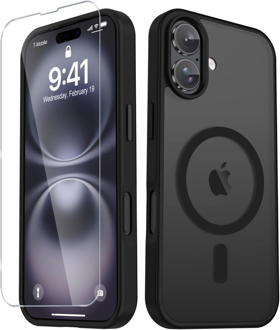 YENAPOON for iPhone 16 Case, Matte Magnetic Phone Cover [with 1 Screen Protector] [Support for MagSafe] [Shockproof Military Grade Protection] Translucent Frosted Back, Black