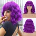 MISSQUEEN Short Dark Purple Wigs with Bangs for Women Loose Wavy Purple Wig Curly Shoulder Length Synthetic Cosplay Bob Purple Wavy Wig for Girl Colorful Costume Wigs