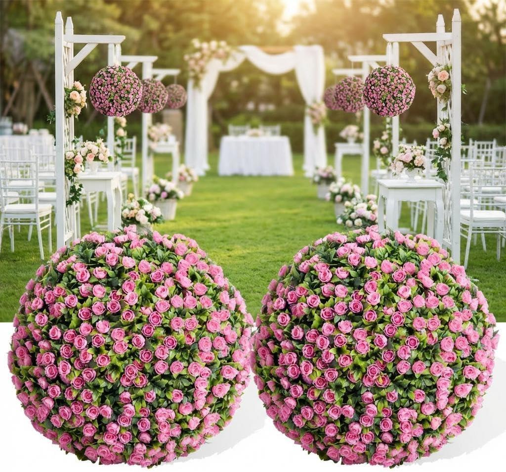 PeacefulHues Pink Artificial Topiary Balls 2-Pack, 18 Inch Flower Topiary Ball for Garden & Patio, Wedding Decor, Hanging Floral Decorations