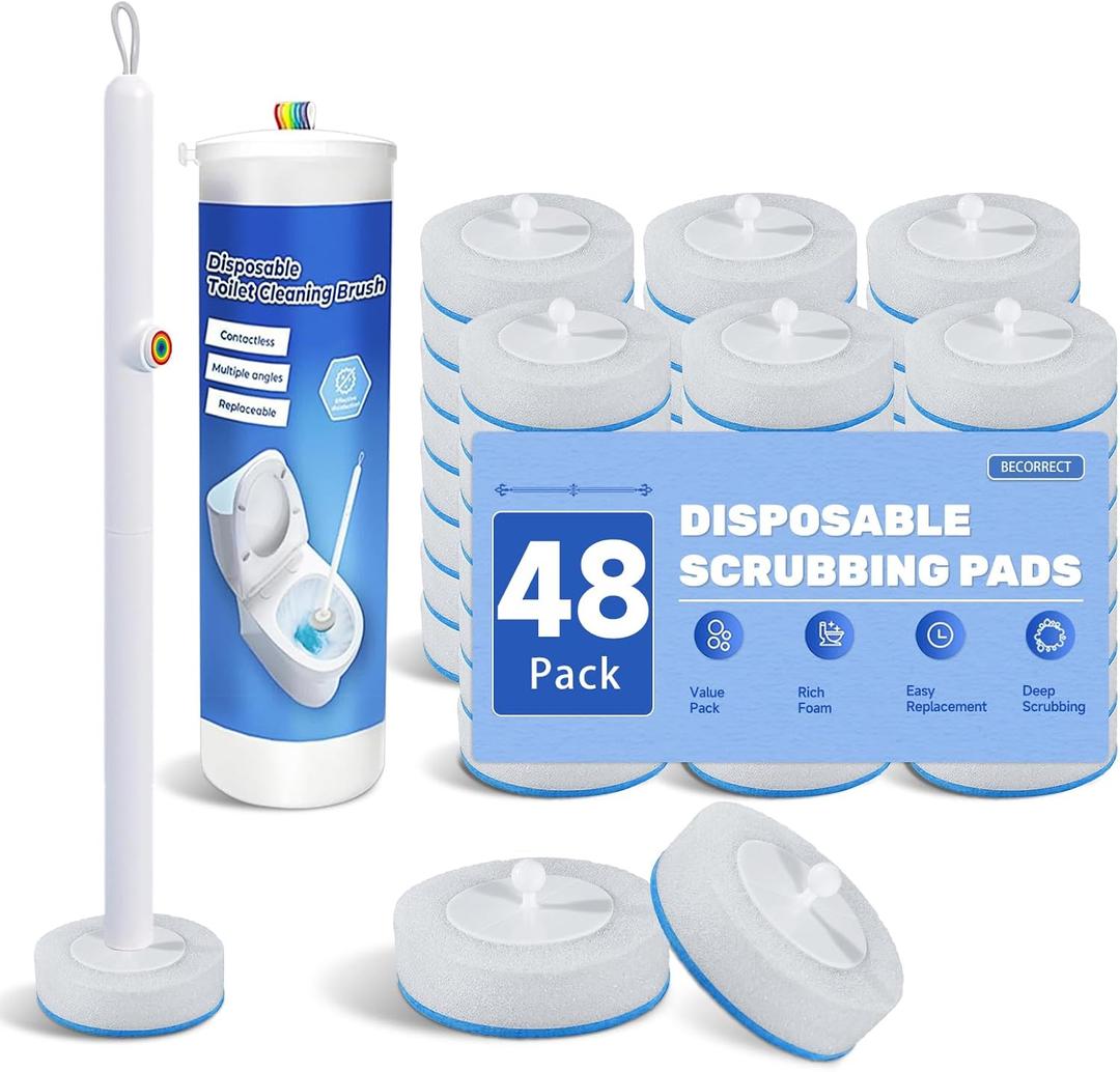 Disposable Toilet Cleaning Brush Kit with 48 Refill Heads, Long Handle Deep Clean Toilet Brush, All in One Bathroom Toilet Cleaner System for Household Apartment Daily Bathroom Cleaning