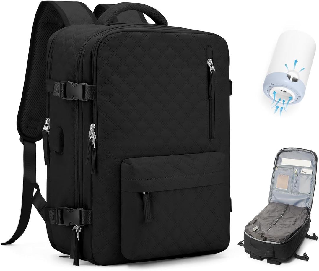 Vacuum Travel Backpack with Pump for Women, Personal Item Carry on Backpacks Flight Approved 18x14x8 inches for Men,Laptop Waterproof Work Compression bags Casual Daypack Black.