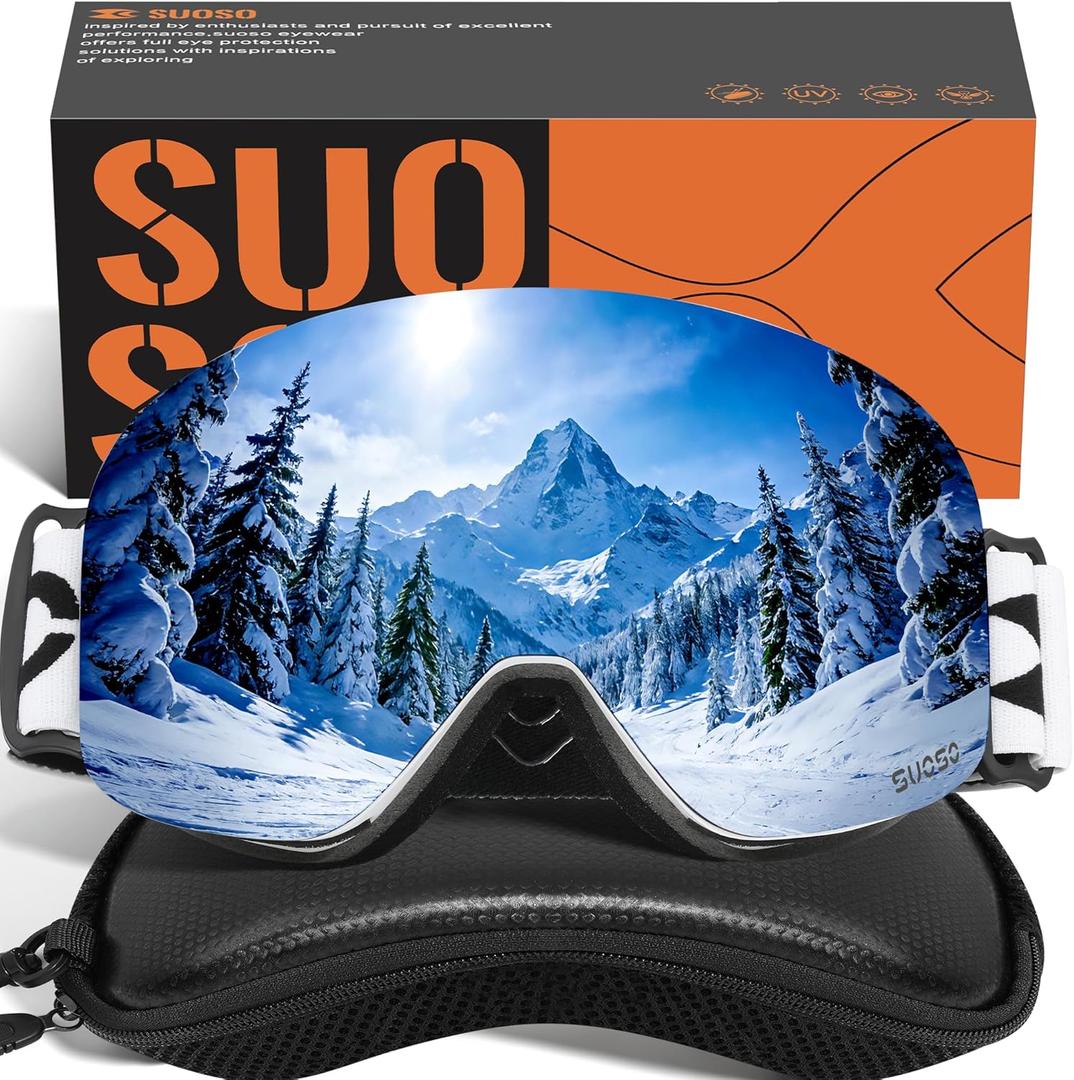 suoso OTG Ski Goggles for Men and Women, Frameless Magnetic Snowboard Goggles Anti Fog UV400 Protection Snow Glasses (C02-white & Silvery)
