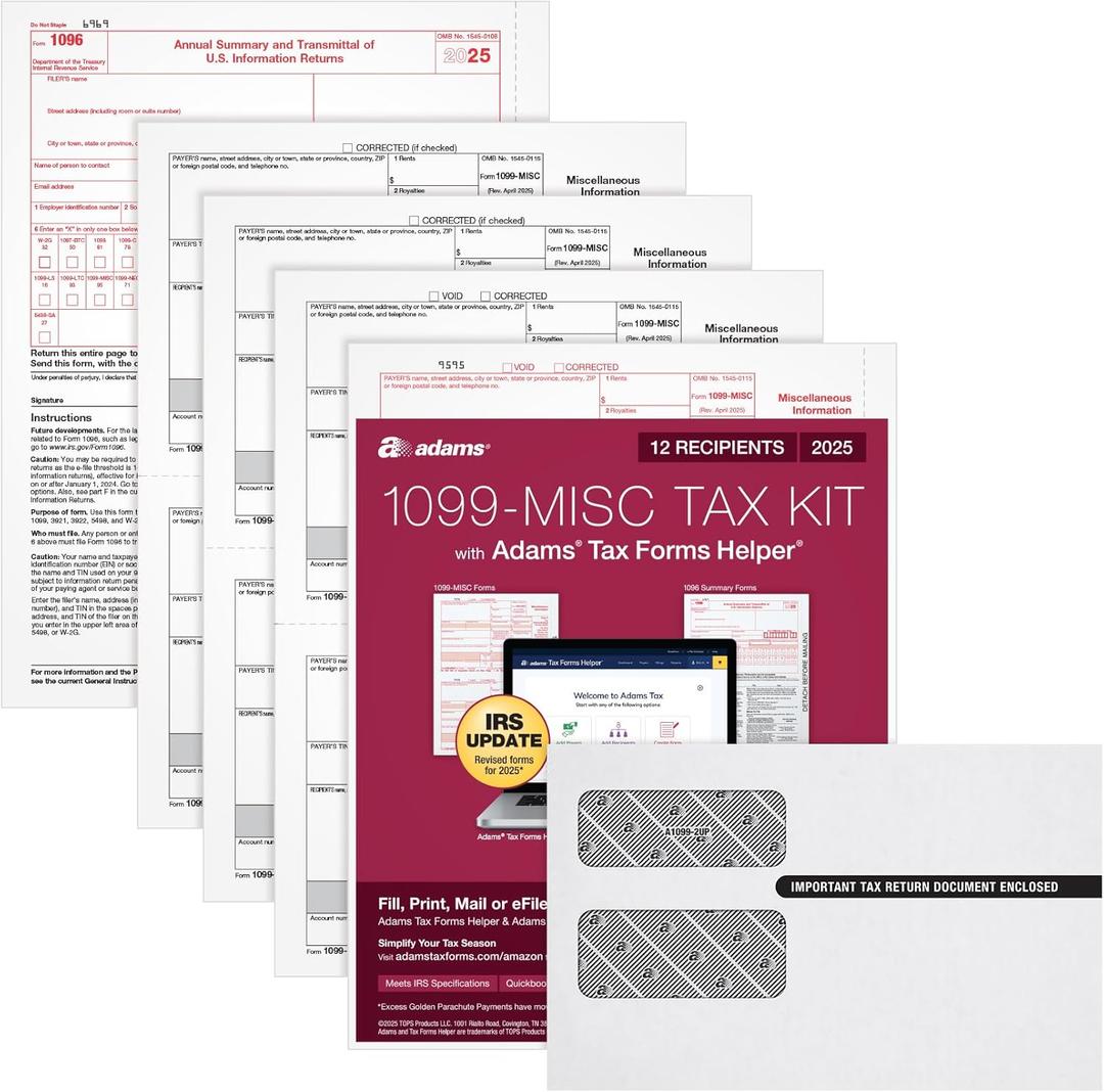 Adams 1099 MISC Forms 2025, 4-Part Kit for 12 Recipients, Includes Envelopes, QuickBooks Compatible, eFile Access and Printing Through Adams Tax Forms Helper Software (1017227)