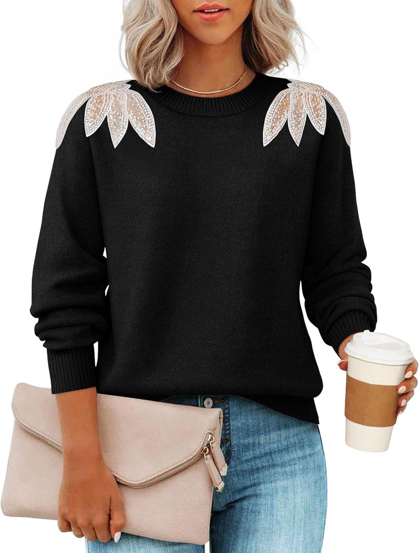 ZESICA Women's Fall Long Sleeve Sweaters 2026 Crew Neck Knit Loose Dressy Pullover Tops Winter Trendy Outfits (Medium, Black)