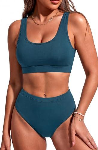 Tempt Me Women Blue Green Two Piece Scoop Neck Bikini Crop Top Swimsuit Sporty High Waisted Bathing Suit M