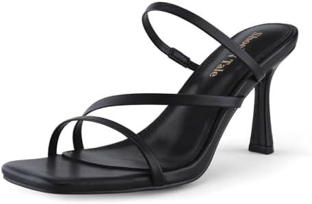 Shoe'N Tale Strappy Kitten Heels For Women Stiletto Mules Square Open Toe Slip On Sandals 8.5