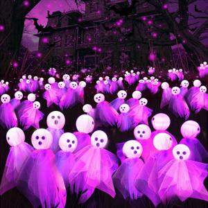 Halloween Decorations Outdoor, Solar Scary Ghosts Lights, 2 Packs 12 LED Swaying Firefly Light & Ghost Decor, Waterproof Halloween Path Lights for Garden, Lawn, Patio, Yard, Party Decor, Purple