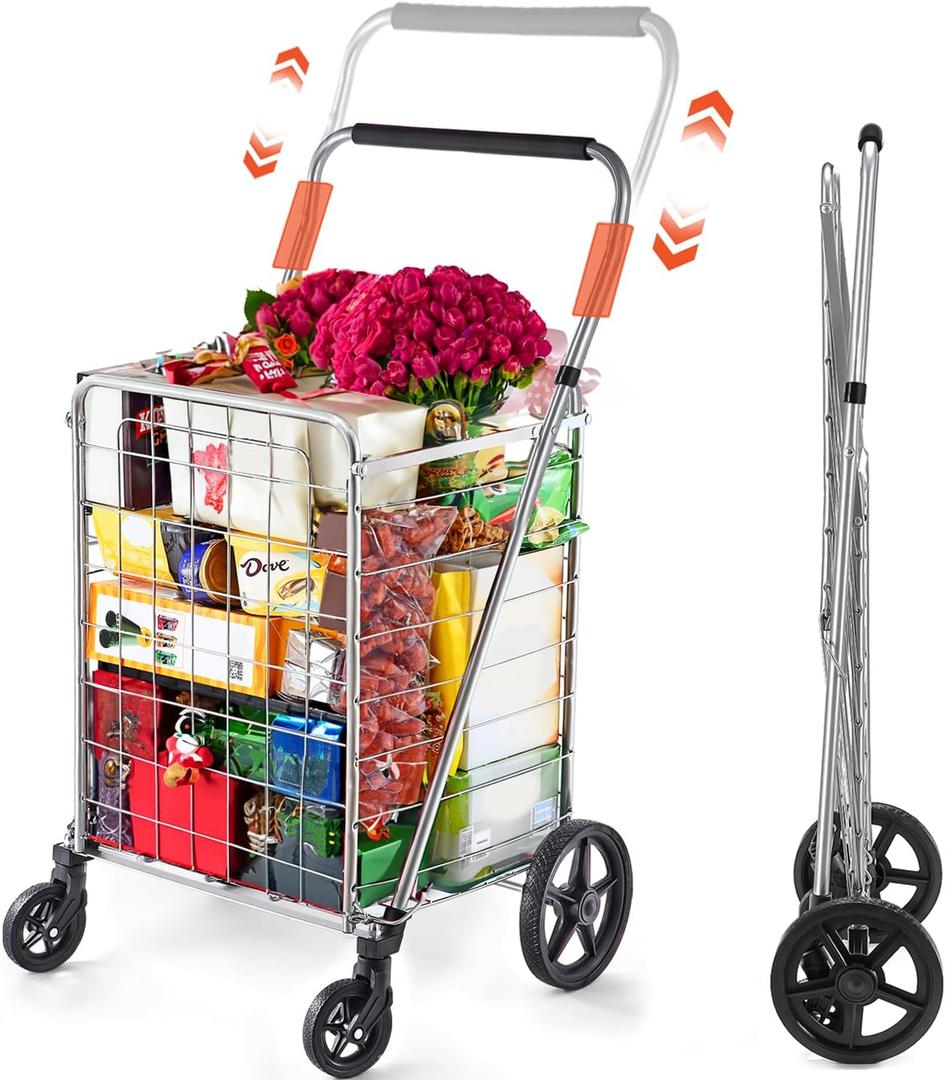 Wellmax Folding Grocery Cart with Wheels  Heavy Duty Utility Cart with Upgraded Steel Frame, Extra Large Basket, Adjustable Padded Handle, Swivel Front Wheels, Foldable Design, 90 lb Capacity